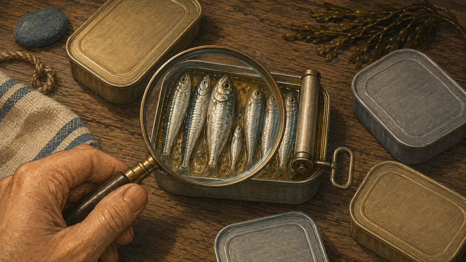 Lithograph-style illustration of three small silver fish — a sardine, a sprat, and an anchovy — swimming in formation above an open tin, a magnifying glass hovering over them, in a house-lithograph palette of navy, cream, red and teal