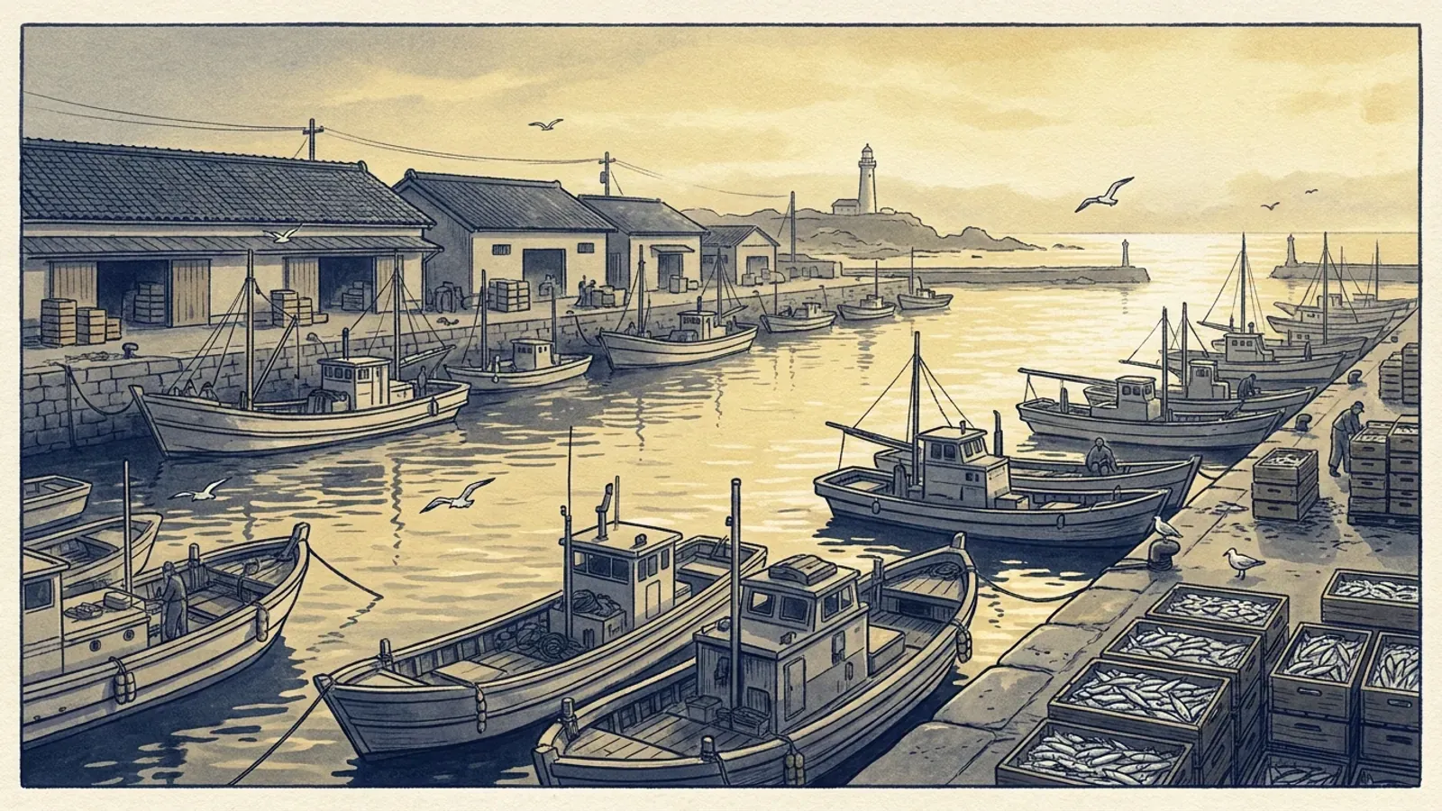 Illustration of Chōshi harbour at first light — boats and crates of sardines on the quay, a distant lighthouse, in a house-lithograph palette