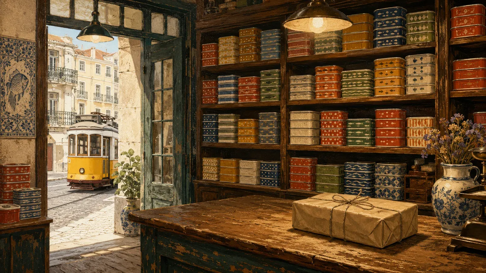 Illustration of a Lisbon canned-fish shop — wooden counter, shelves of colourful sardine tins to the ceiling, tram passing outside, in a house-lithograph palette
