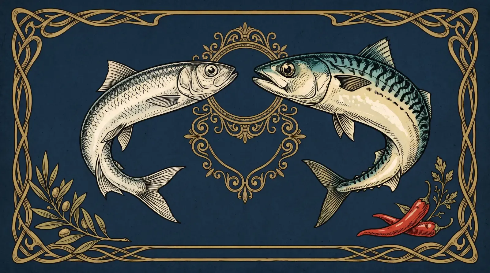 Vintage lithograph of a sardine and a tiger-striped mackerel facing each other in a heraldic versus composition