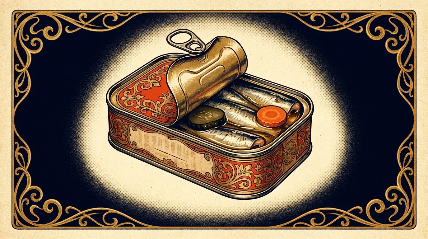 Vintage lithograph artwork of an ornate sardine tin with its lid rolled open