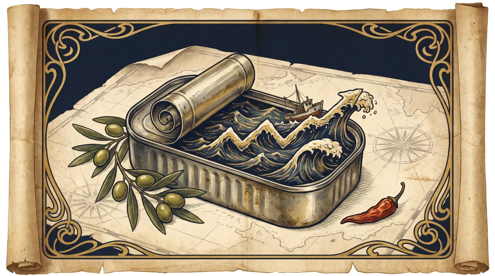 Vintage lithograph of a sardine tin whose oil has become a small stormy ocean with a fishing boat and rising waves