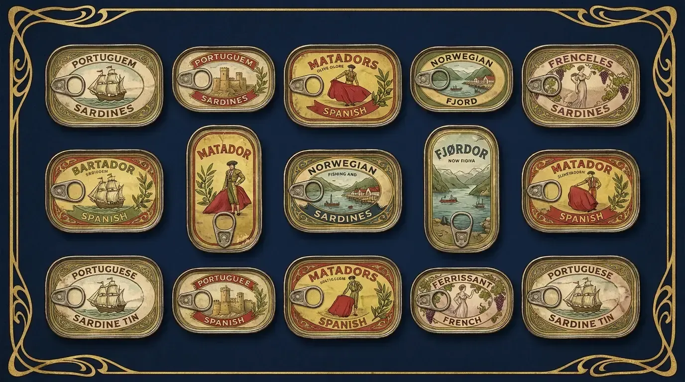 Vintage illustration of ornate sardine tins