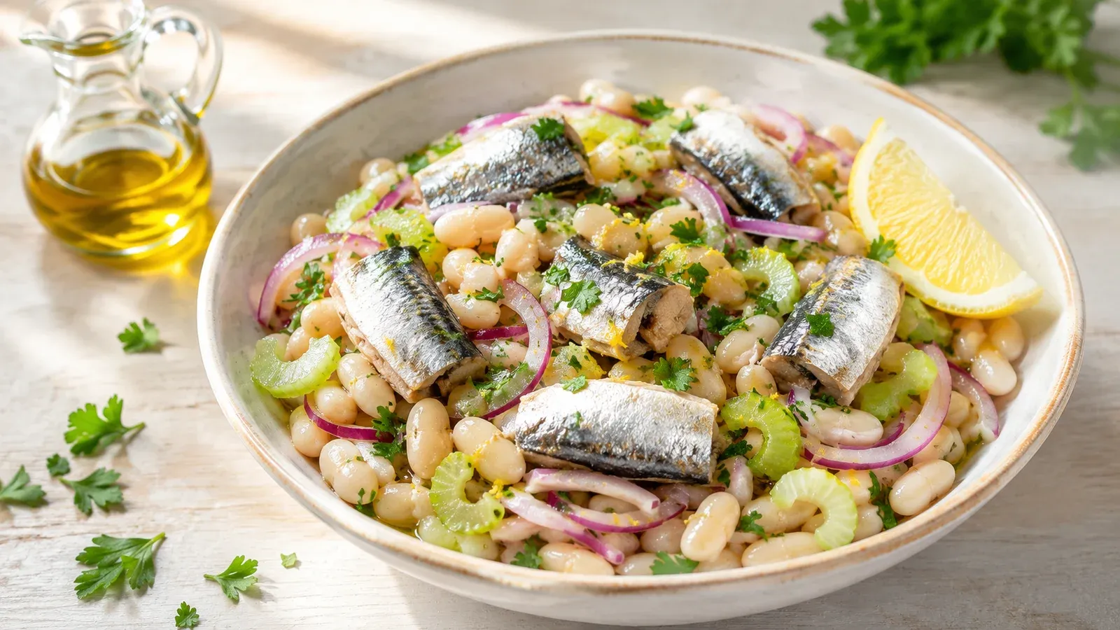 A bright bowl of white bean and sardine salad with lemon, red onion and parsley