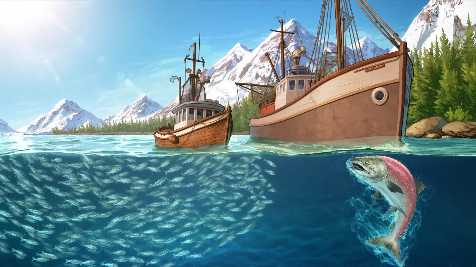 A small sardine boat and a larger salmon vessel meeting in a cold northern strait below snow-capped mountains, with a dense school of sardines and a leaping salmon shown underwater