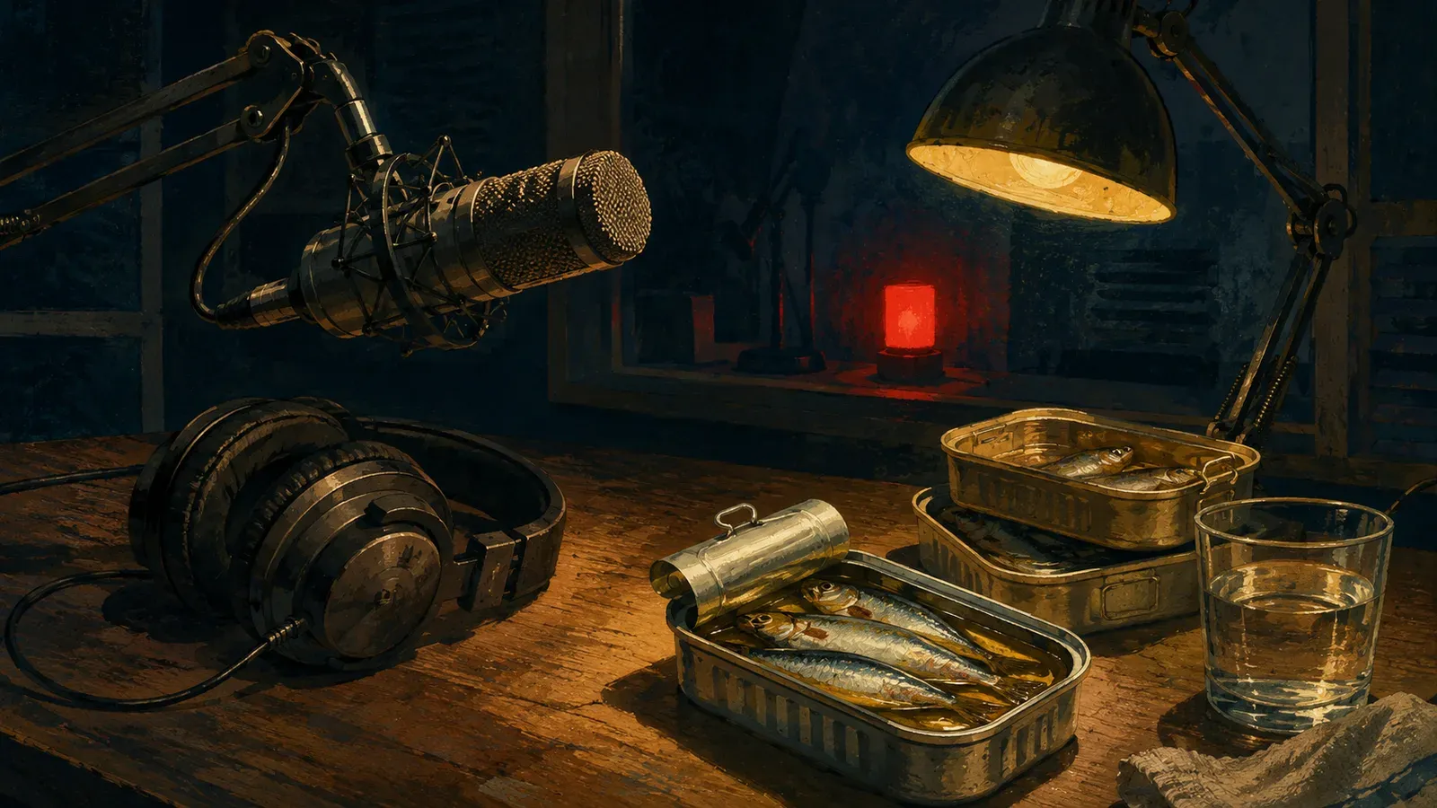 Illustration of a late-night podcast studio — microphone, headphones and open sardine tins under a warm lamp, a small red lamp glowing behind