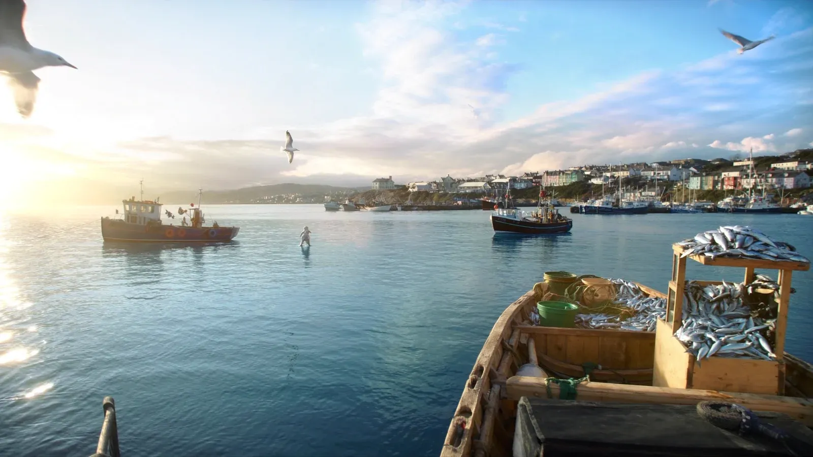 A fishing fleet returning to harbour at dawn with a full catch of sardines