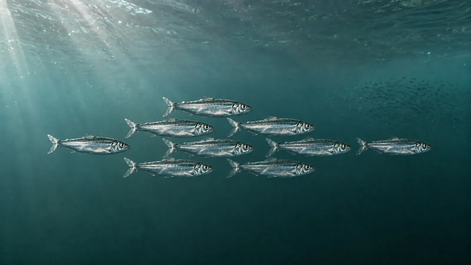 Nine sardines swimming in tight formation through cold green water, coastal lithograph style