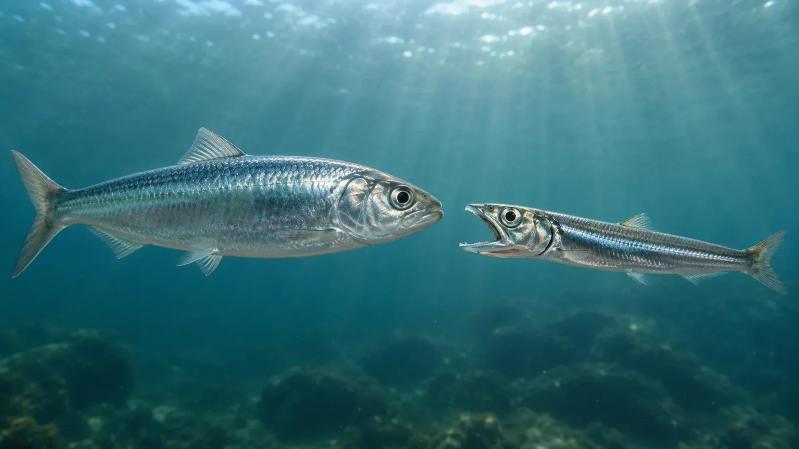 A sardine and a smaller big-mouthed anchovy swimming face to face in clear blue water