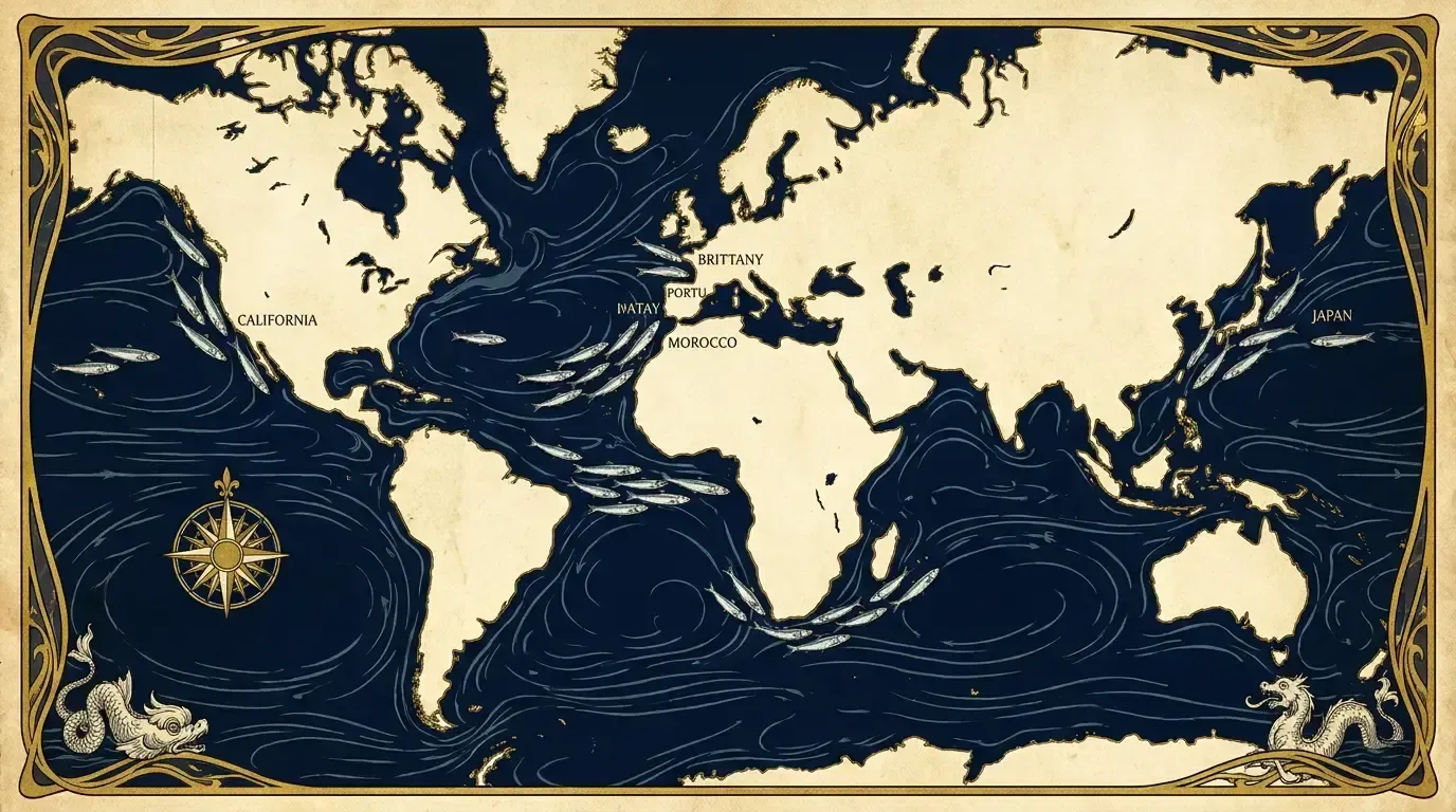 Antique map of world sardine runs