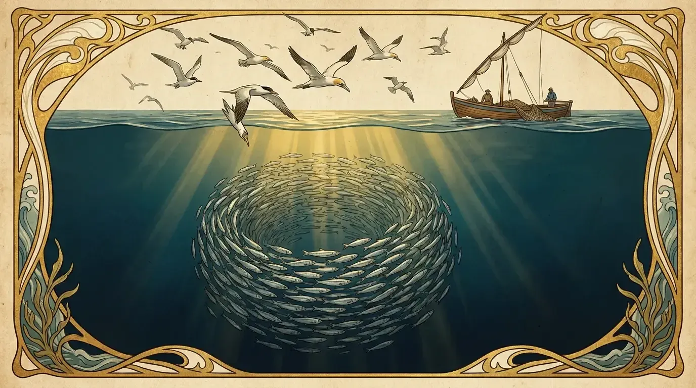 Vintage lithograph artwork of a thriving school of sardines in a healthy ocean