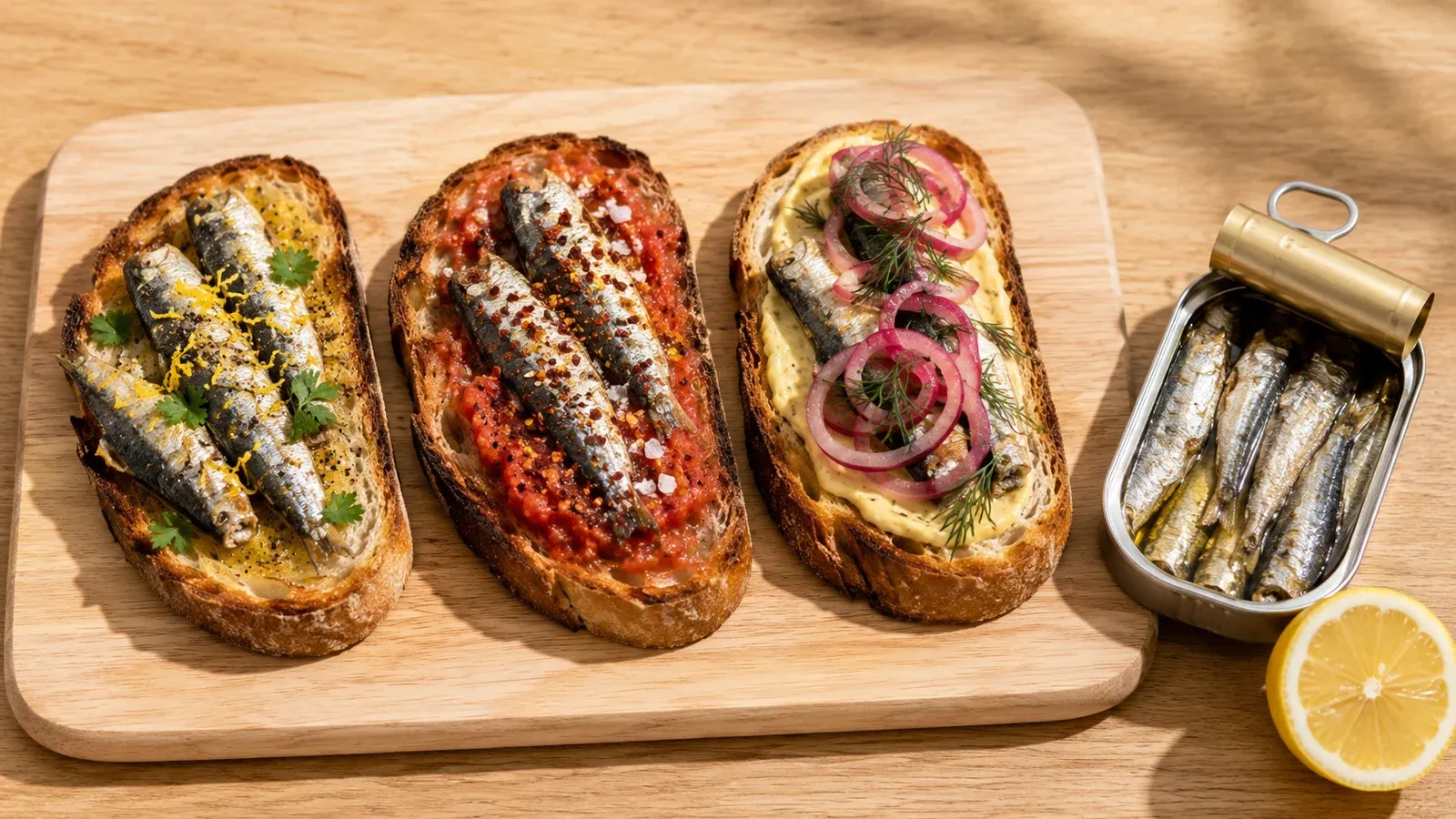 Three slices of toast each topped with sardines a different way