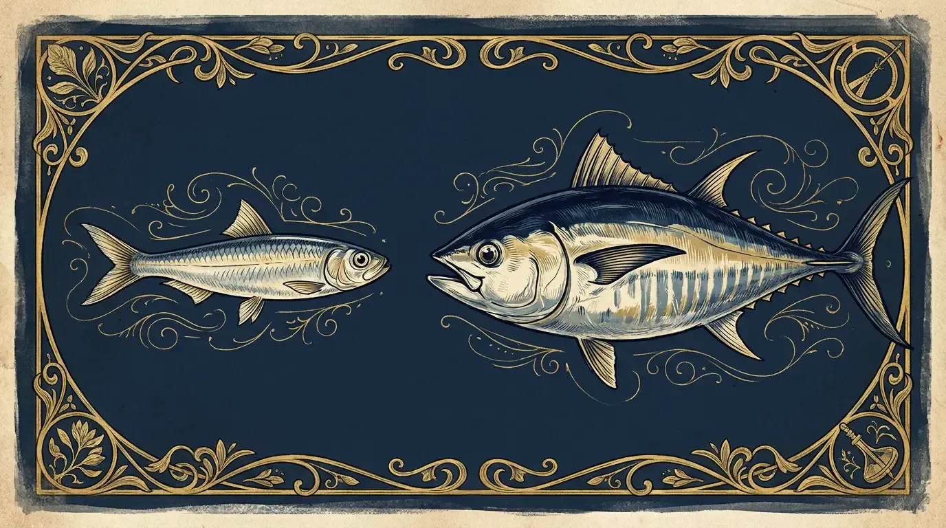 Vintage natural-history plate comparing a small sardine and a large tuna
