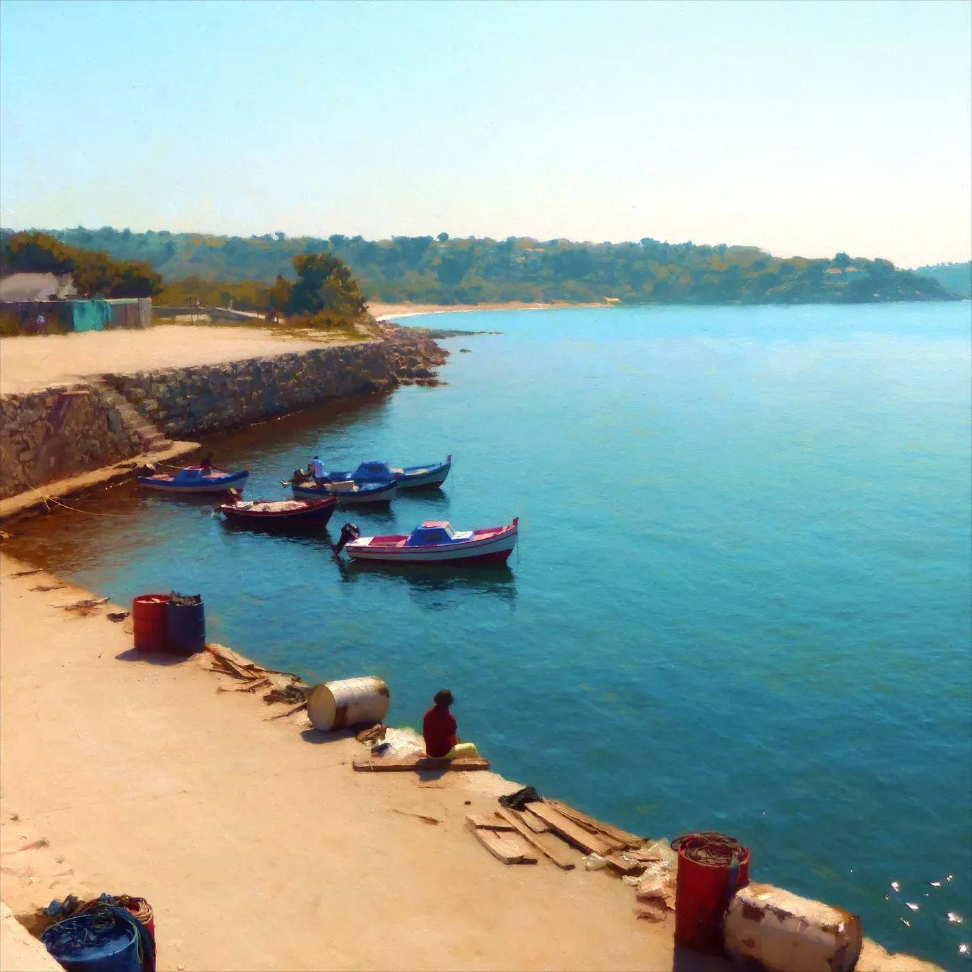 Illustrated coastal scene evoking Spain — the home of Conservas Areoso