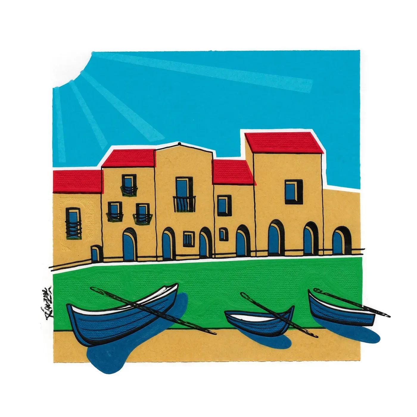 Illustrated coastal scene evoking Portugal — the home of Ati Manel
