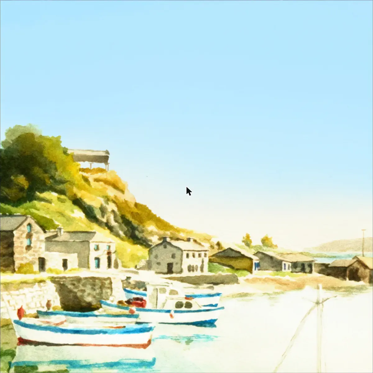 Illustrated coastal scene evoking Spain — the home of Frinsa