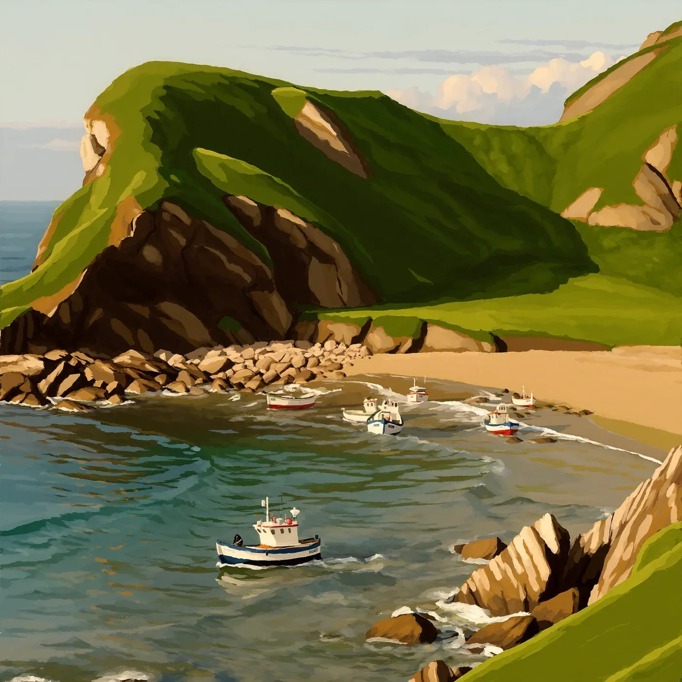 Illustrated coastal scene evoking Spain — the home of Güeyu Mar Conservas