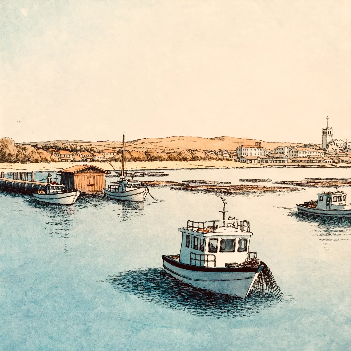 Illustrated coastal scene evoking Spain — the home of La Narval