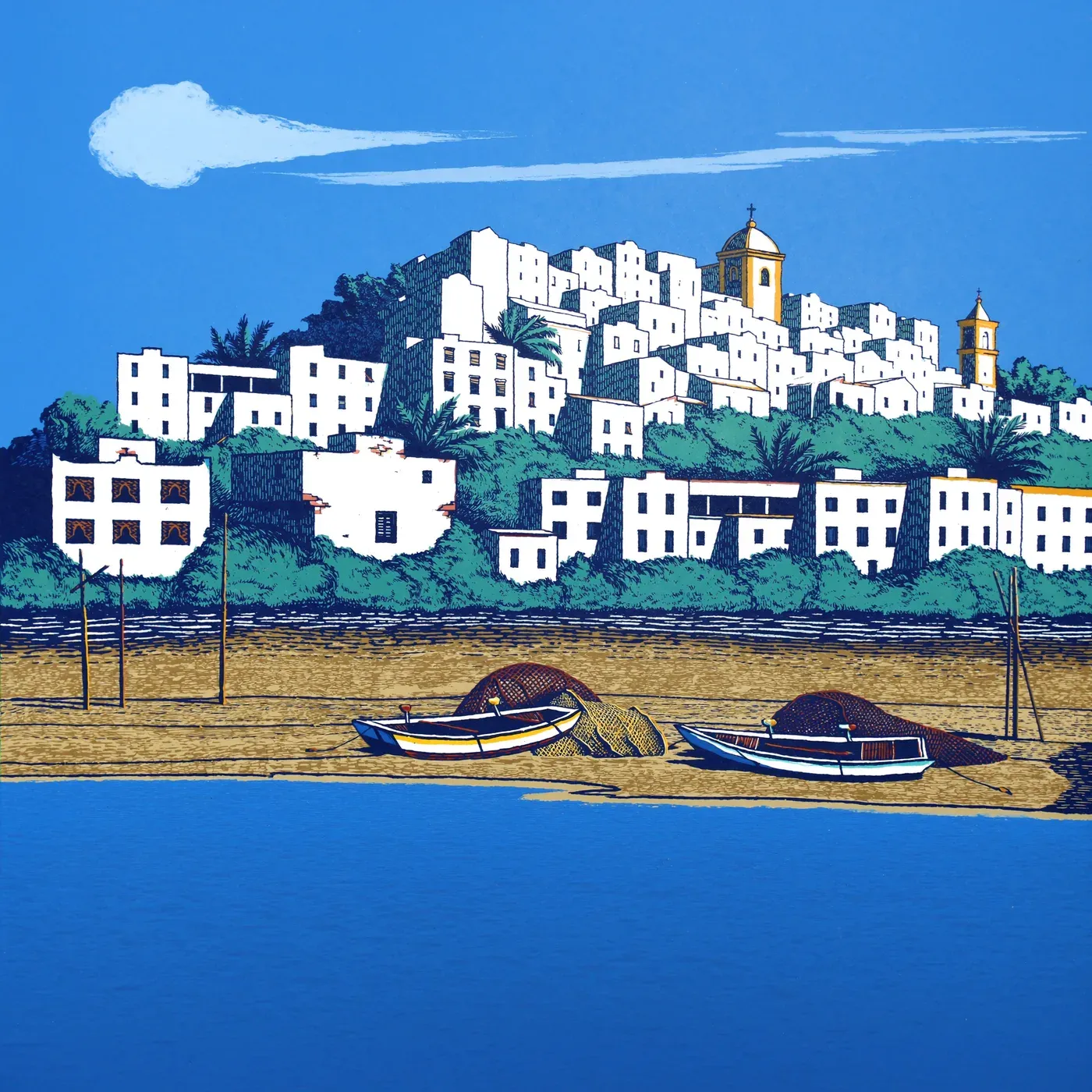 Illustrated coastal scene evoking Spain — the home of Lola