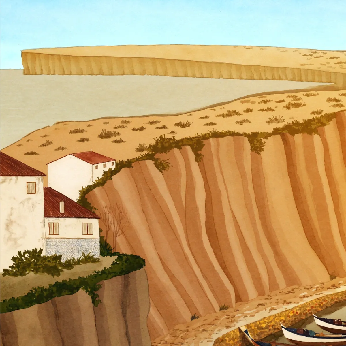 Illustrated coastal scene evoking Portugal — the home of Minerva