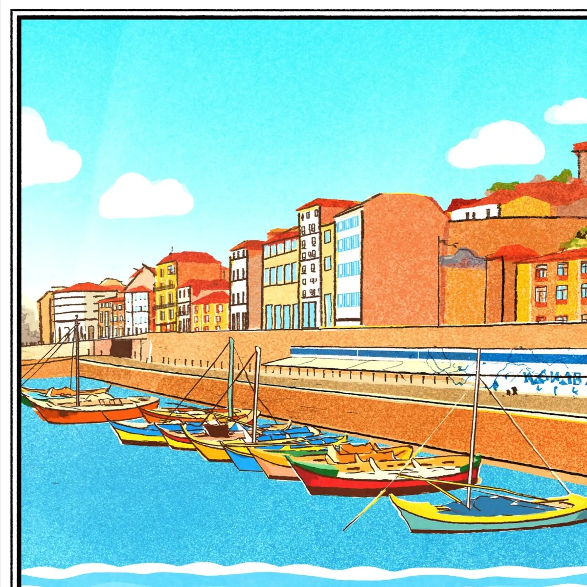 Illustrated coastal scene evoking Portugal — the home of Porthos