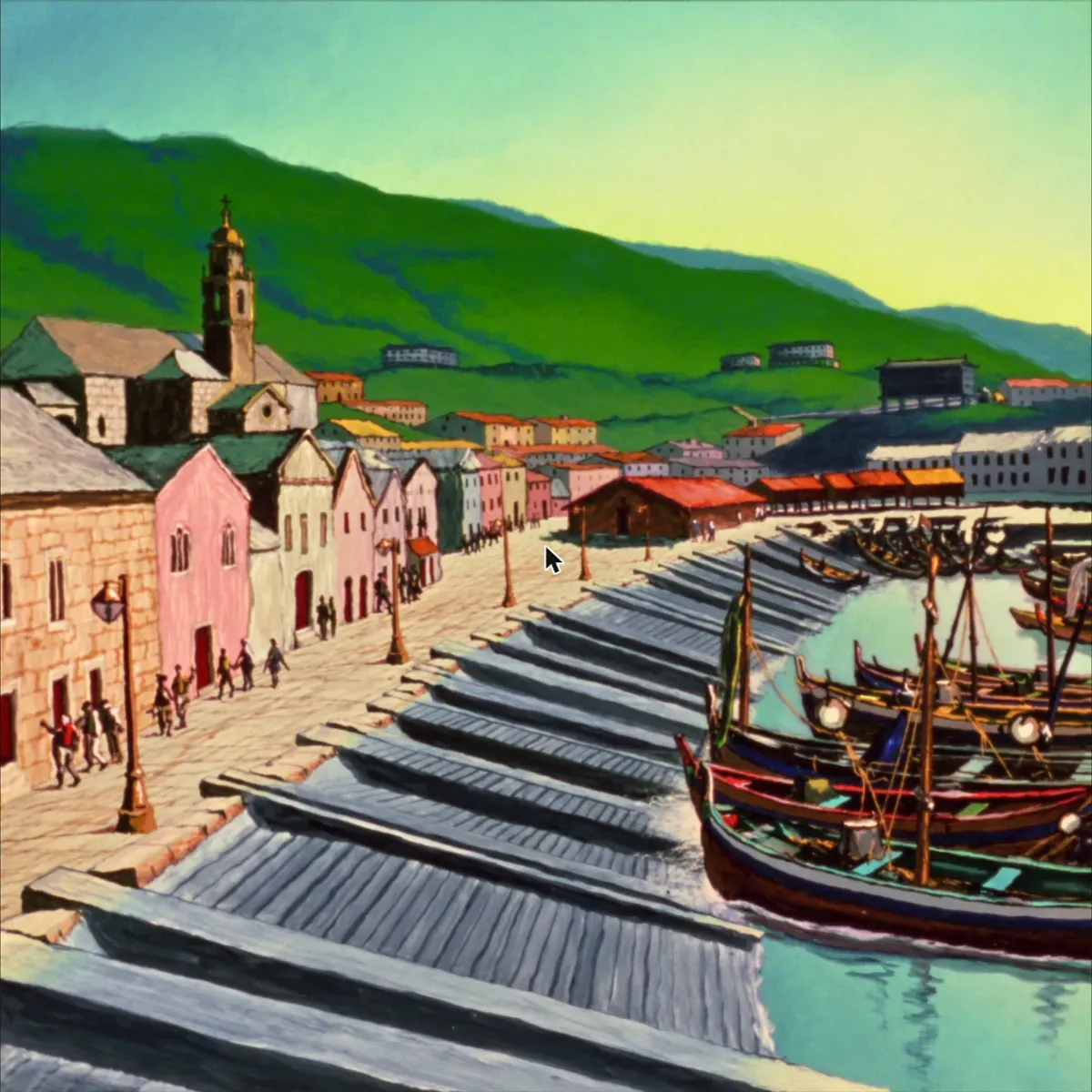 Illustrated coastal scene evoking Spain — the home of Real Conservera Española