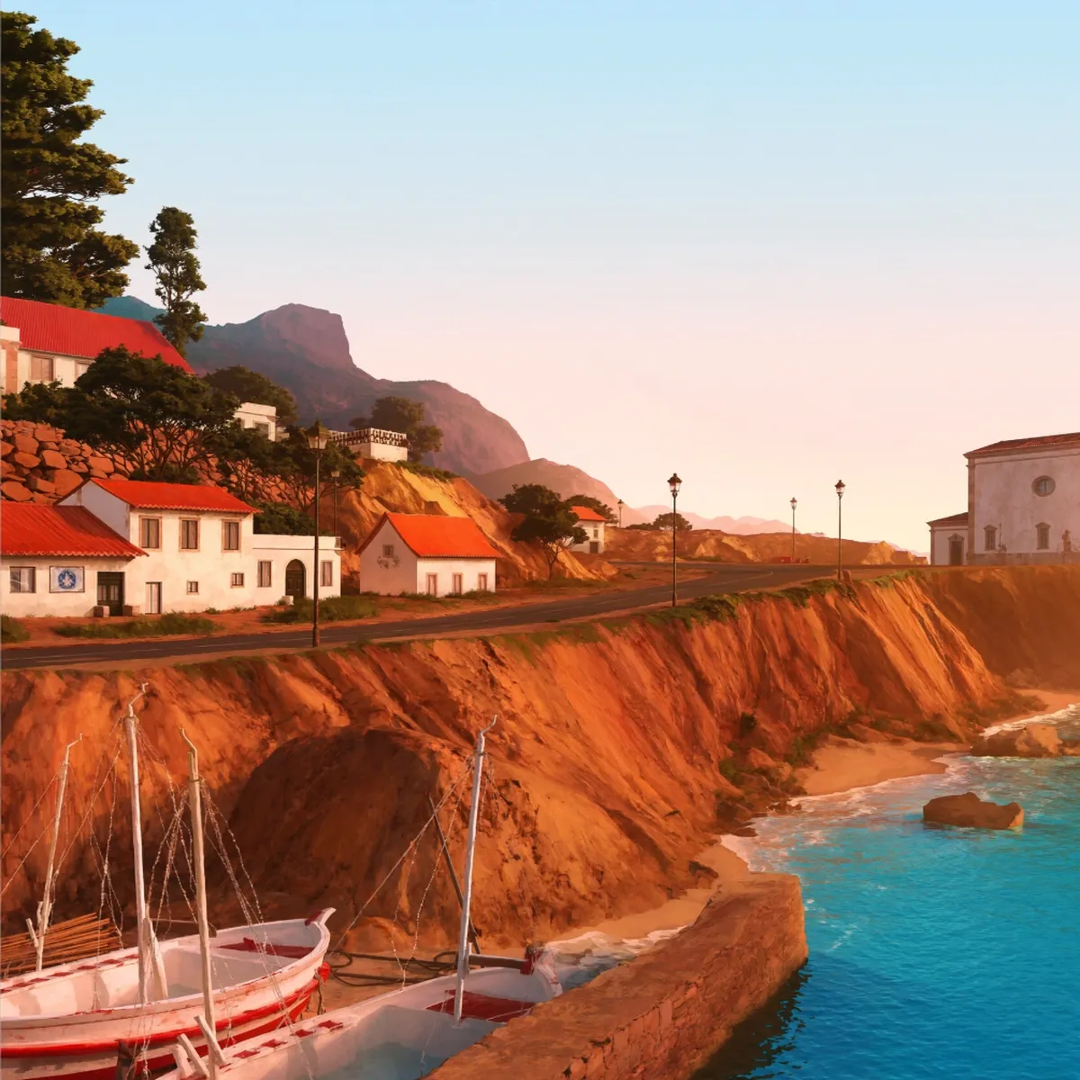 Illustrated coastal scene evoking Portugal — the home of Santo Amaro