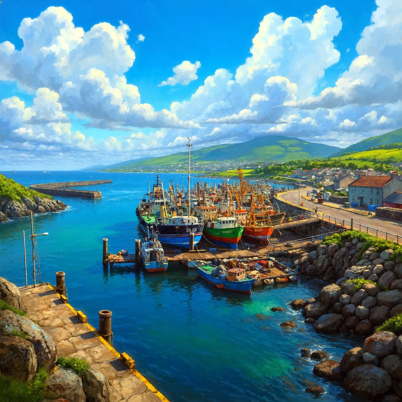 Illustrated coastal scene evoking Ireland — the home of Shines Seafood