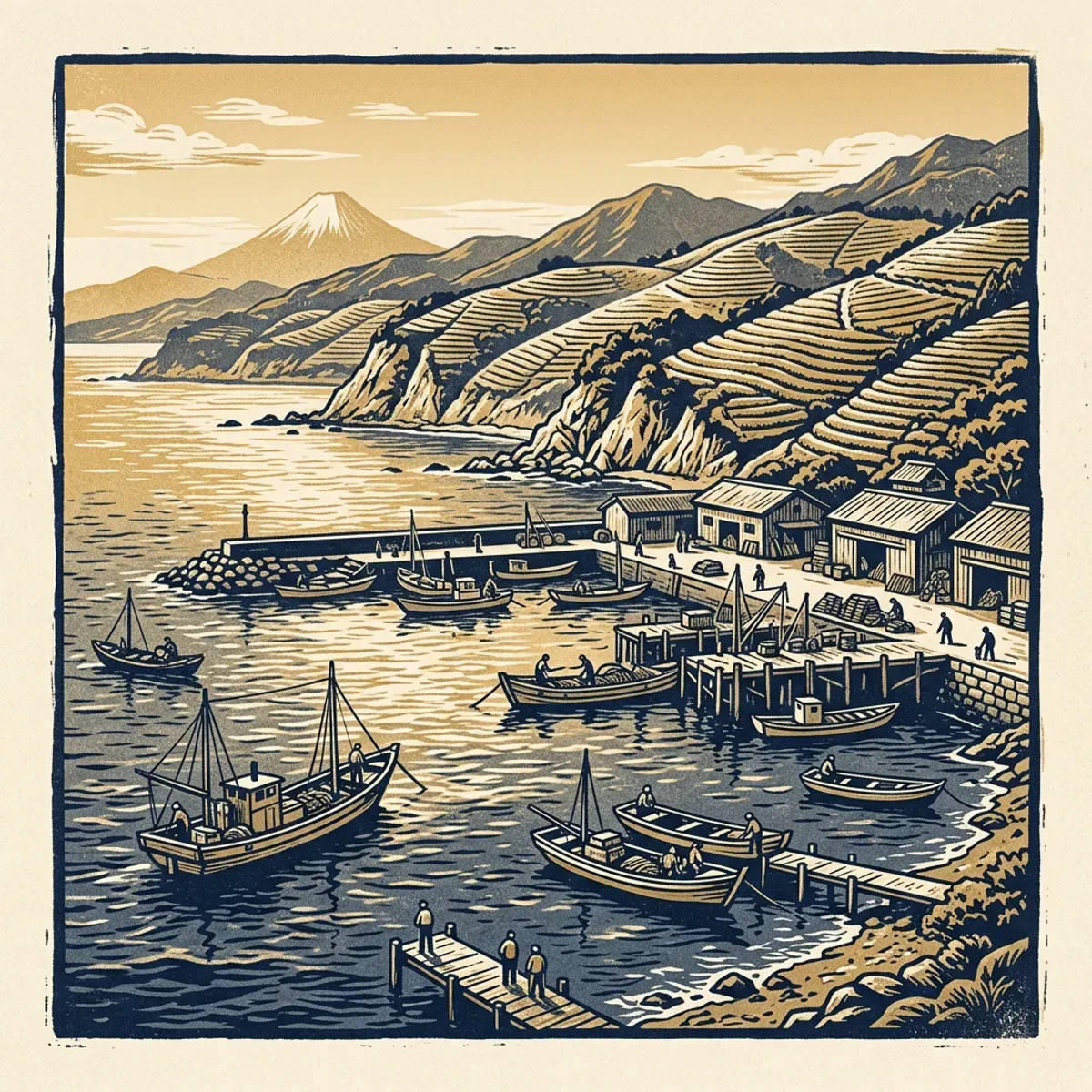 Illustrated coastal scene evoking Japan — the home of Hagoromo Foods