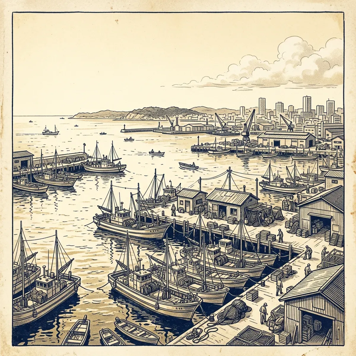 Illustrated coastal scene evoking Japan — the home of Maruha Nichiro