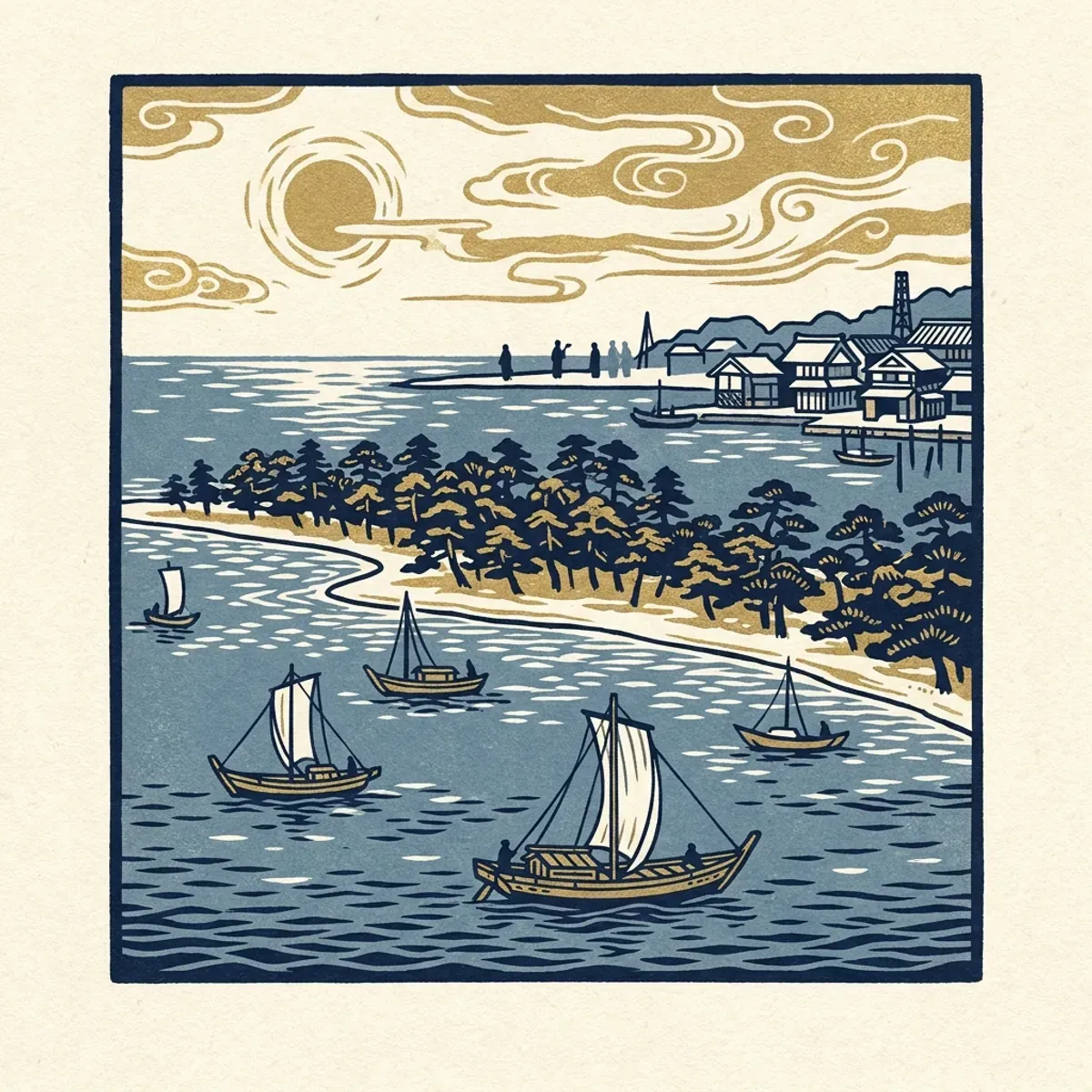Illustrated coastal scene evoking Japan — the home of Takenaka Kanzume