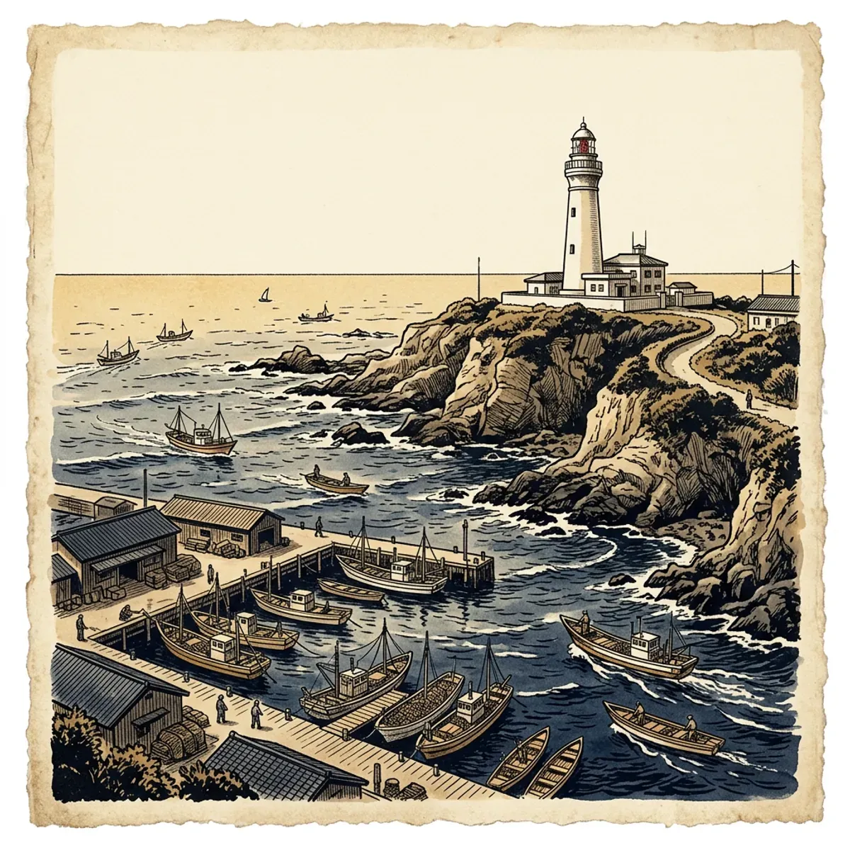 Illustrated coastal scene evoking Japan — the home of Tawara Kanzume (Chōshita)