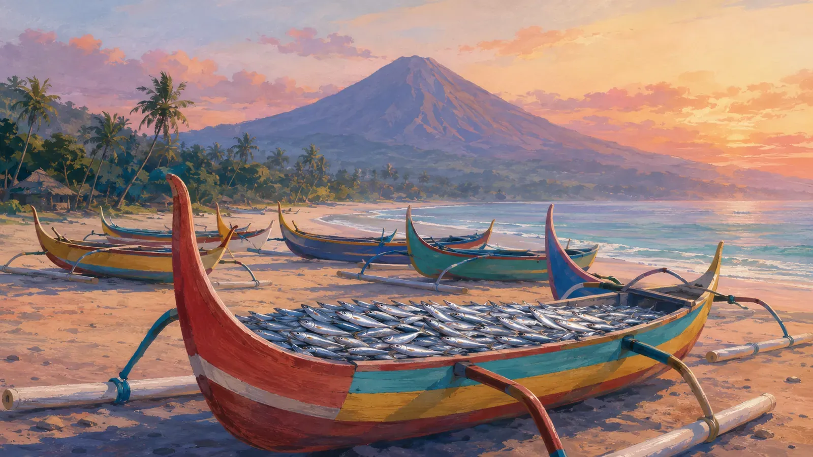 Illustrated coastal scene evoking Indonesia — the home of King's Fisher