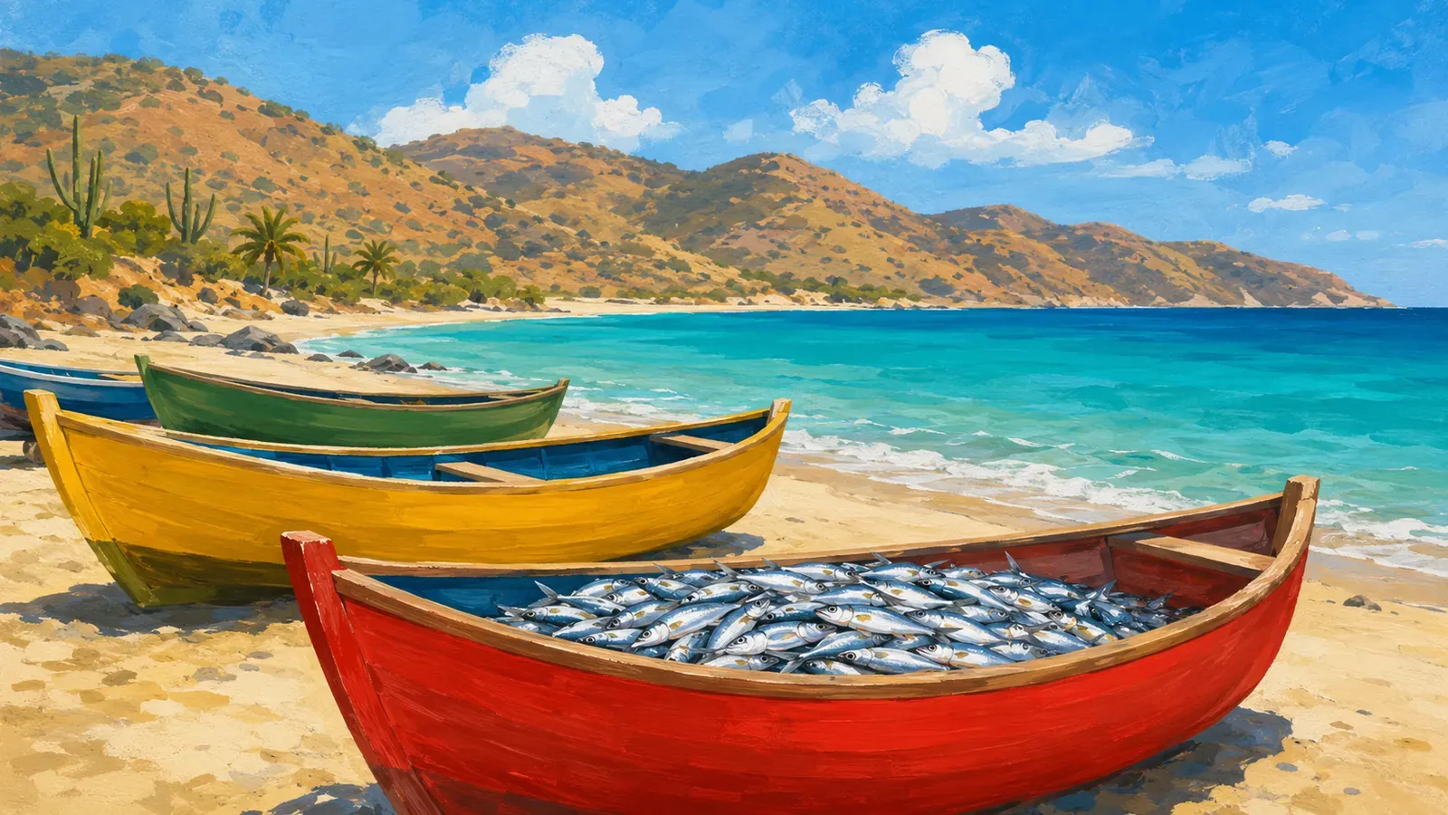 Illustrated coastal scene evoking Venezuela — the home of Margarita