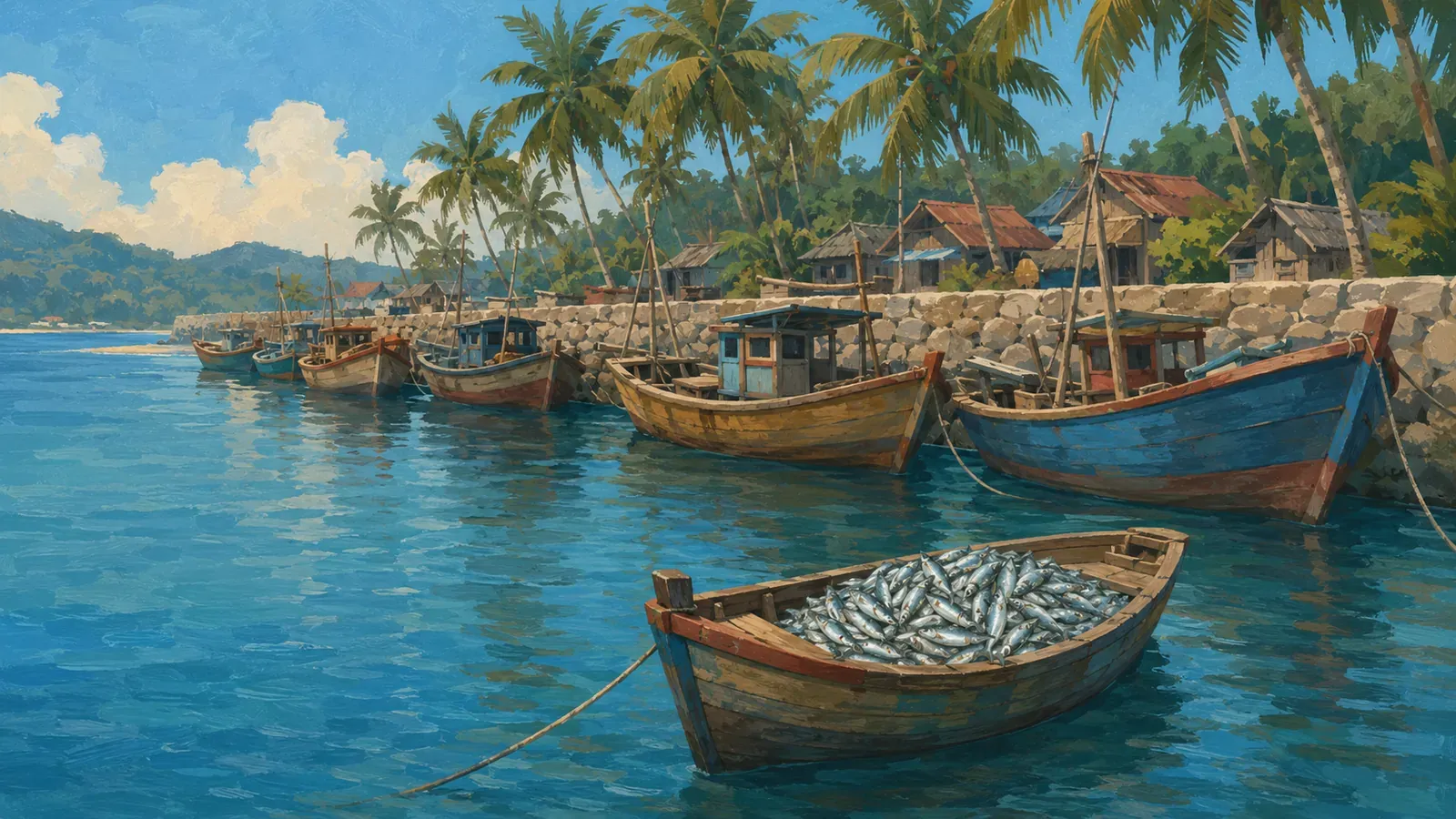 Illustrated coastal scene evoking Malaysia — the home of Marina