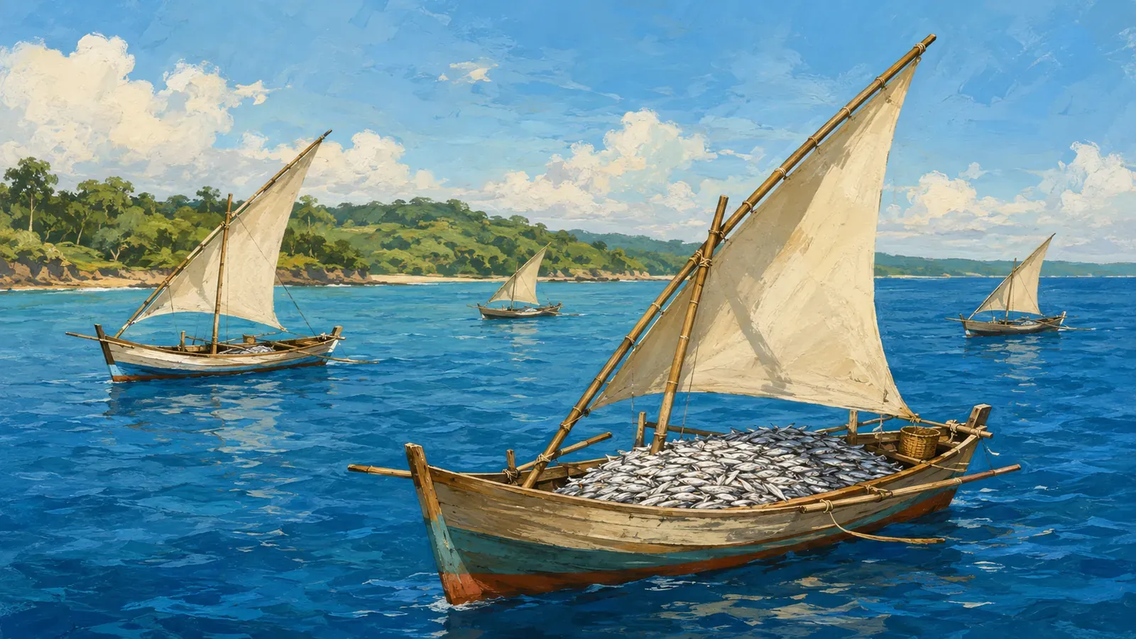 Illustrated coastal scene evoking Indonesia — the home of Maya