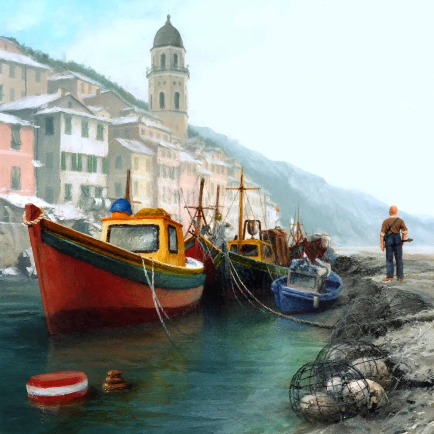 Illustrated coastal scene evoking Italy — the home of Angelo Parodi