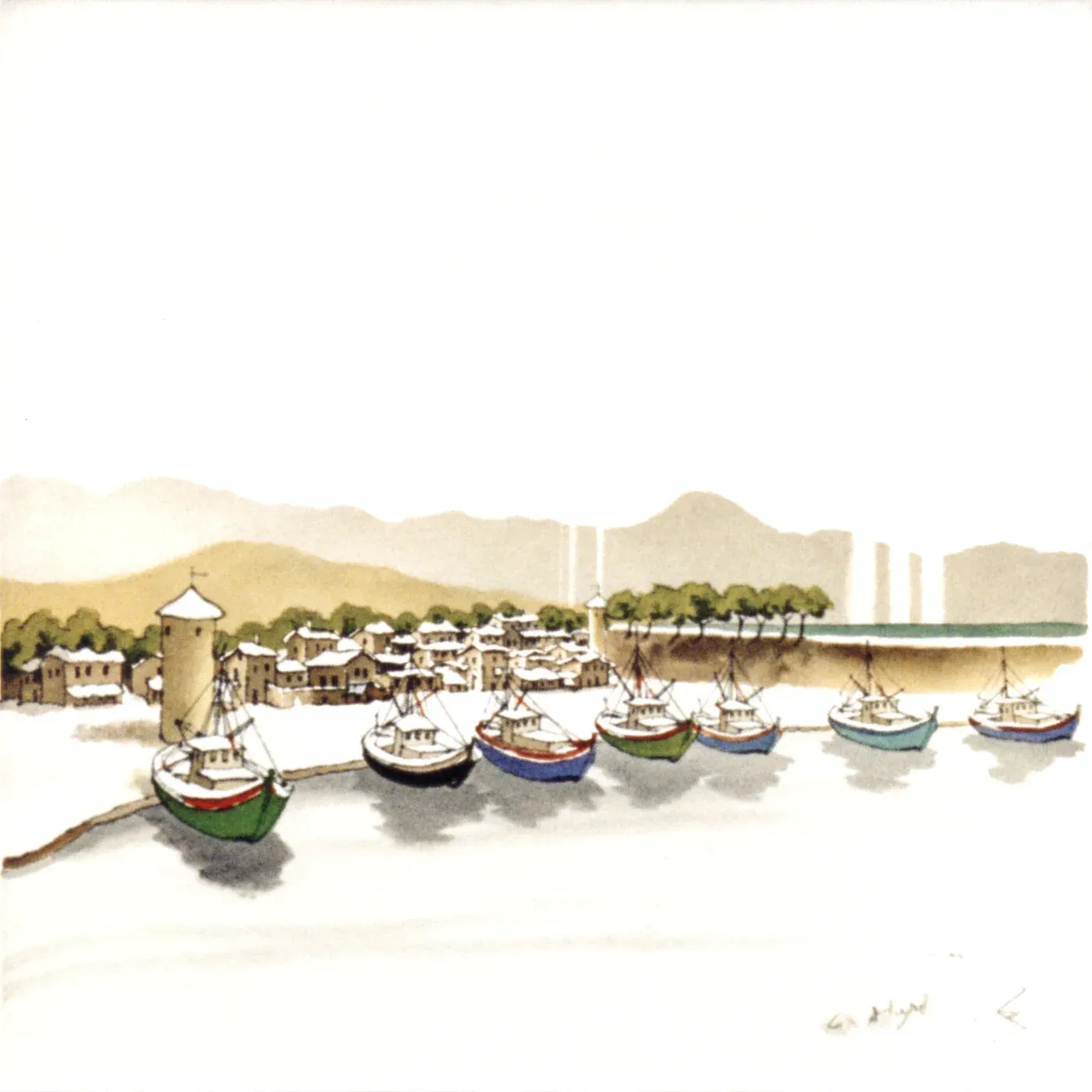 Illustrated coastal scene evoking Italy — the home of Pollastrini