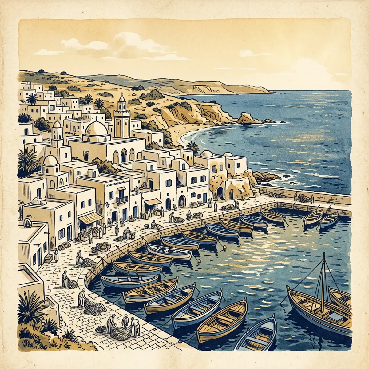 Illustrated coastal scene evoking Tunisia — the home of Sidi Daoud