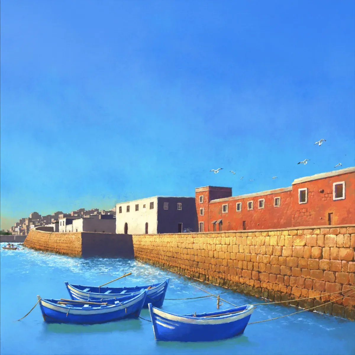 Illustrated coastal scene evoking Morocco — the home of Sabri