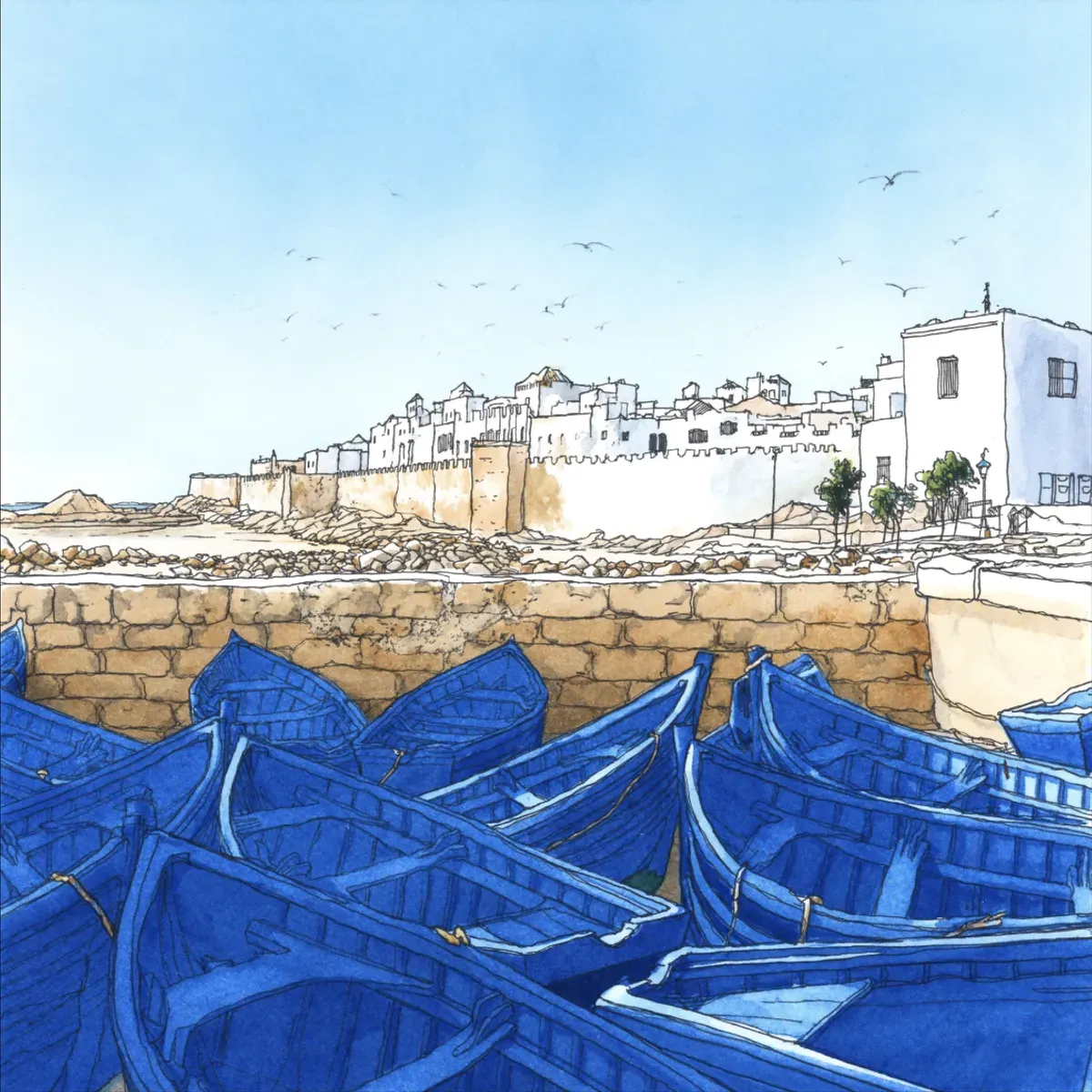 Illustrated coastal scene evoking Morocco — the home of Season Brand