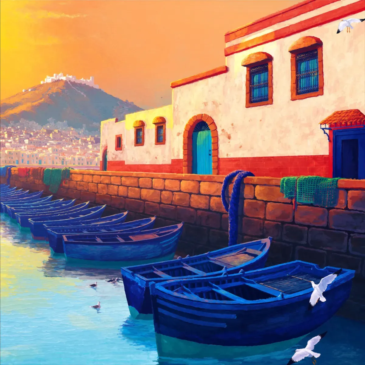 Illustrated coastal scene evoking Morocco — the home of Titus