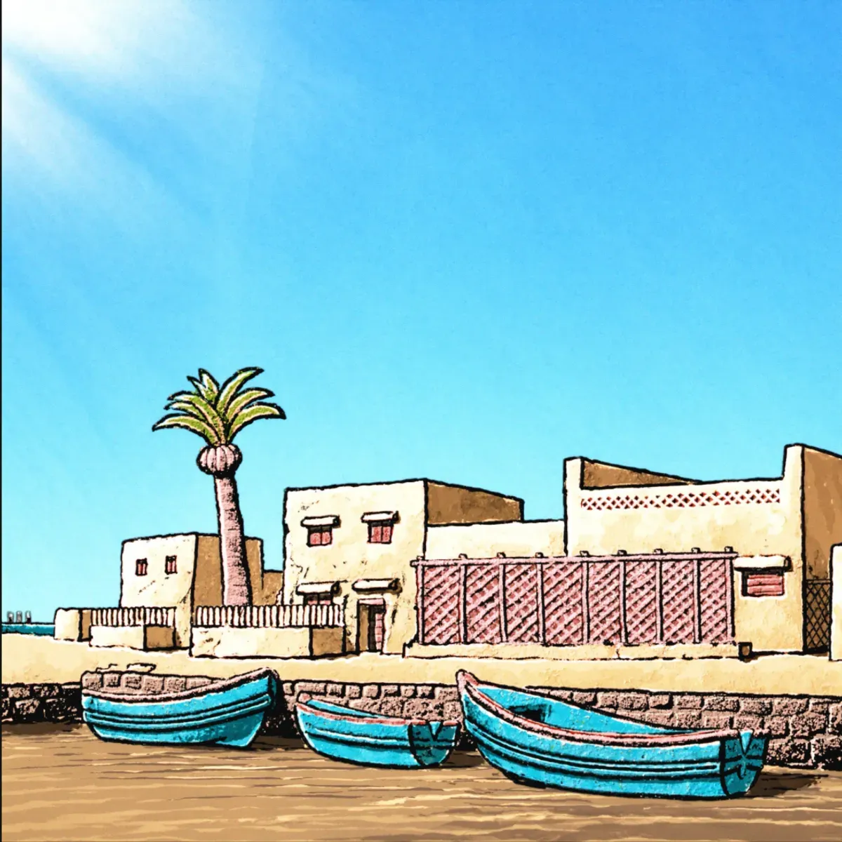 Illustrated coastal scene evoking Morocco — the home of Univela