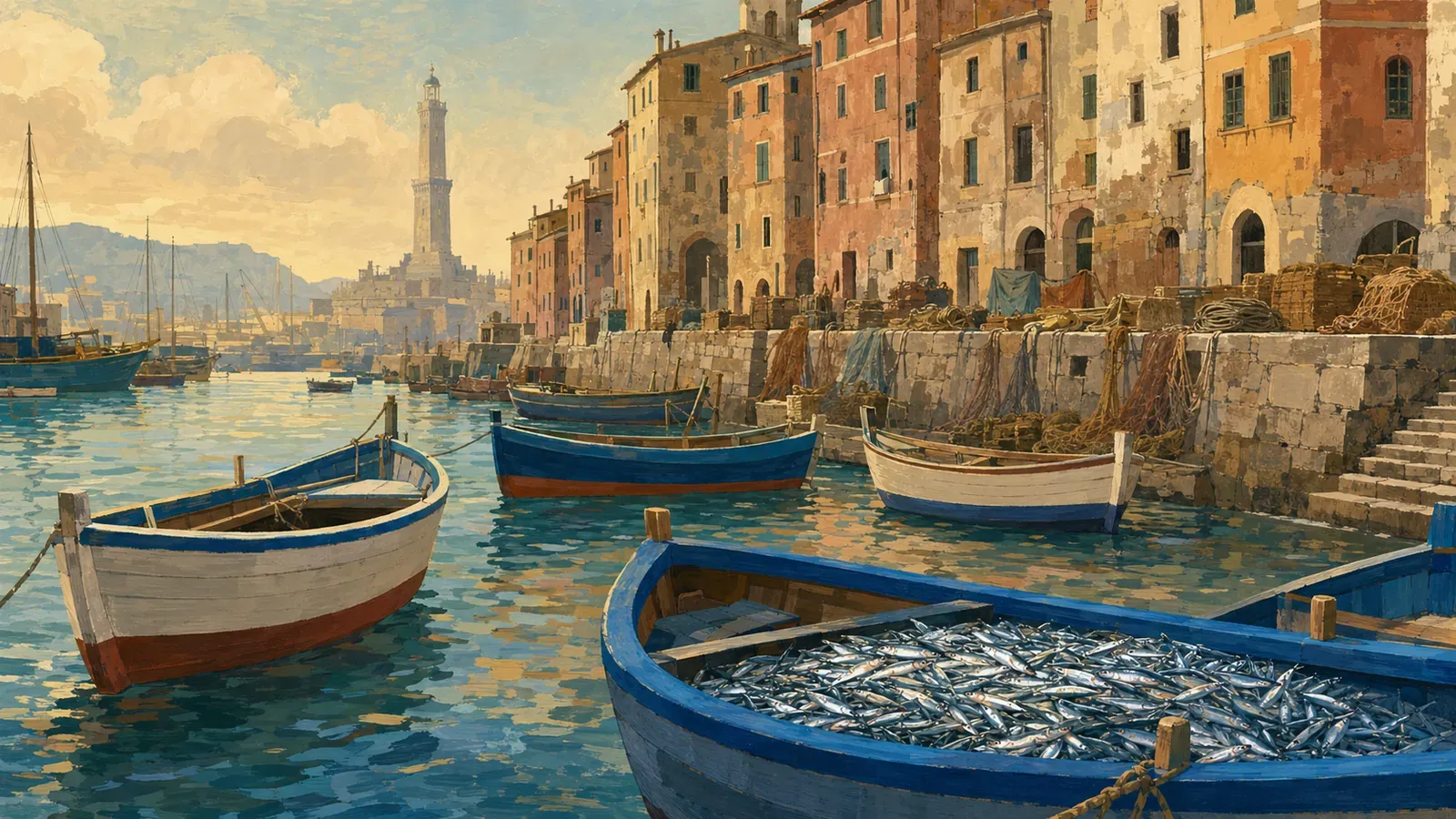 Illustrated coastal scene evoking Italy — the home of Nostromo