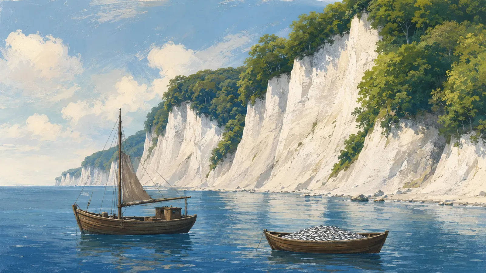 Illustrated coastal scene evoking Germany — the home of Ostsee Fisch