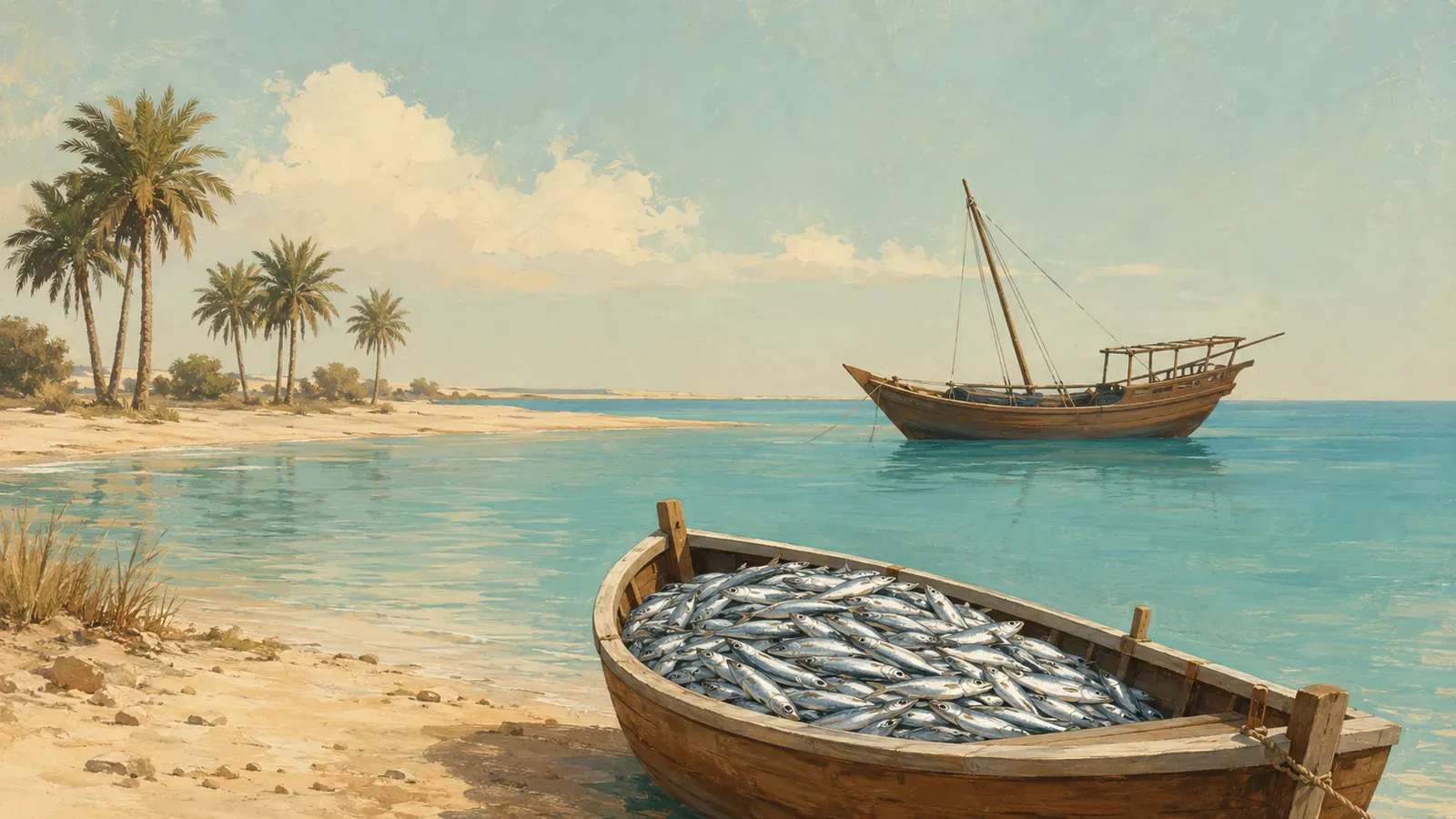 Illustrated coastal scene evoking Saudi Arabia — the home of Reem