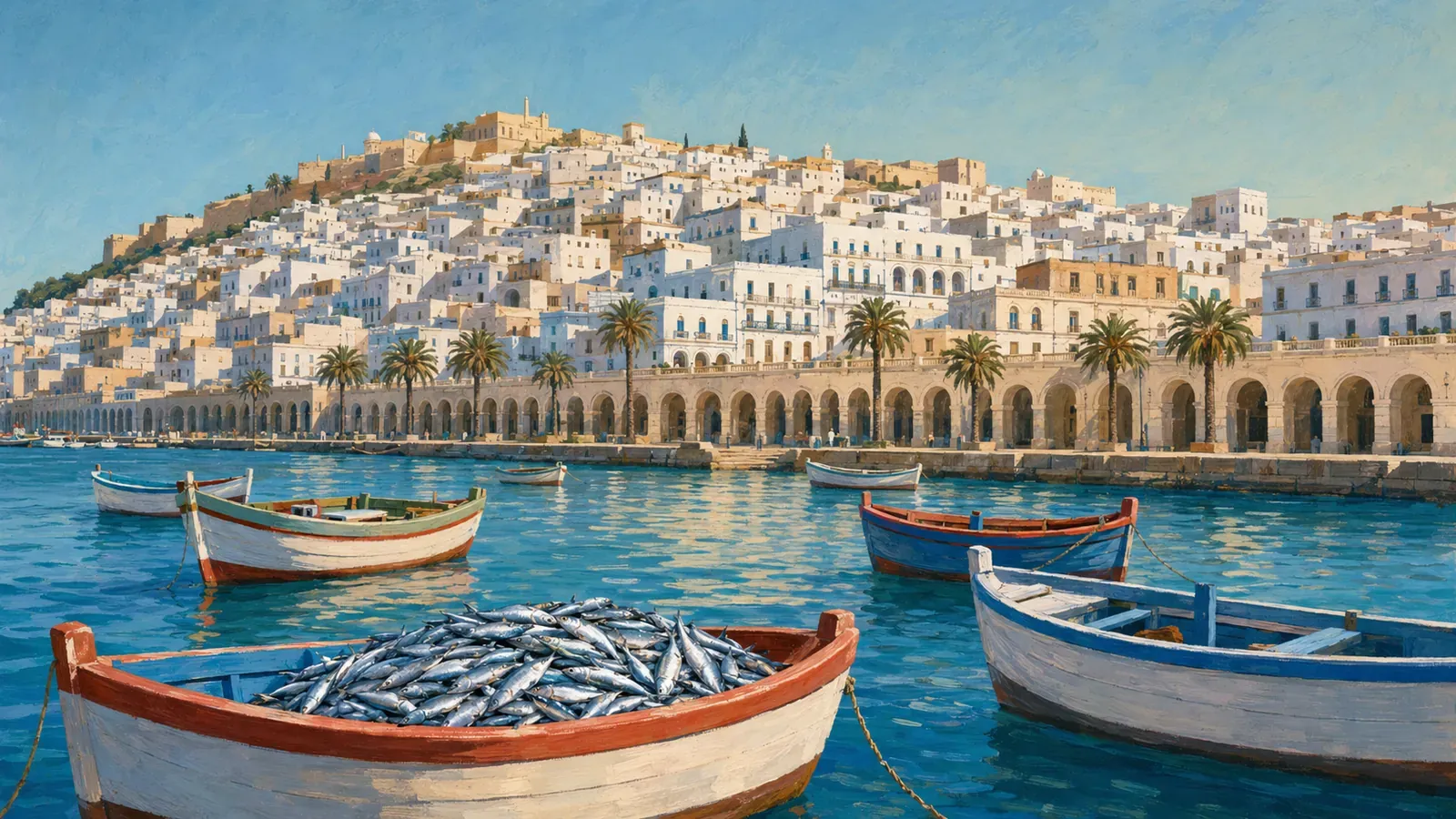 Illustrated coastal scene evoking Algeria — the home of Ricamar