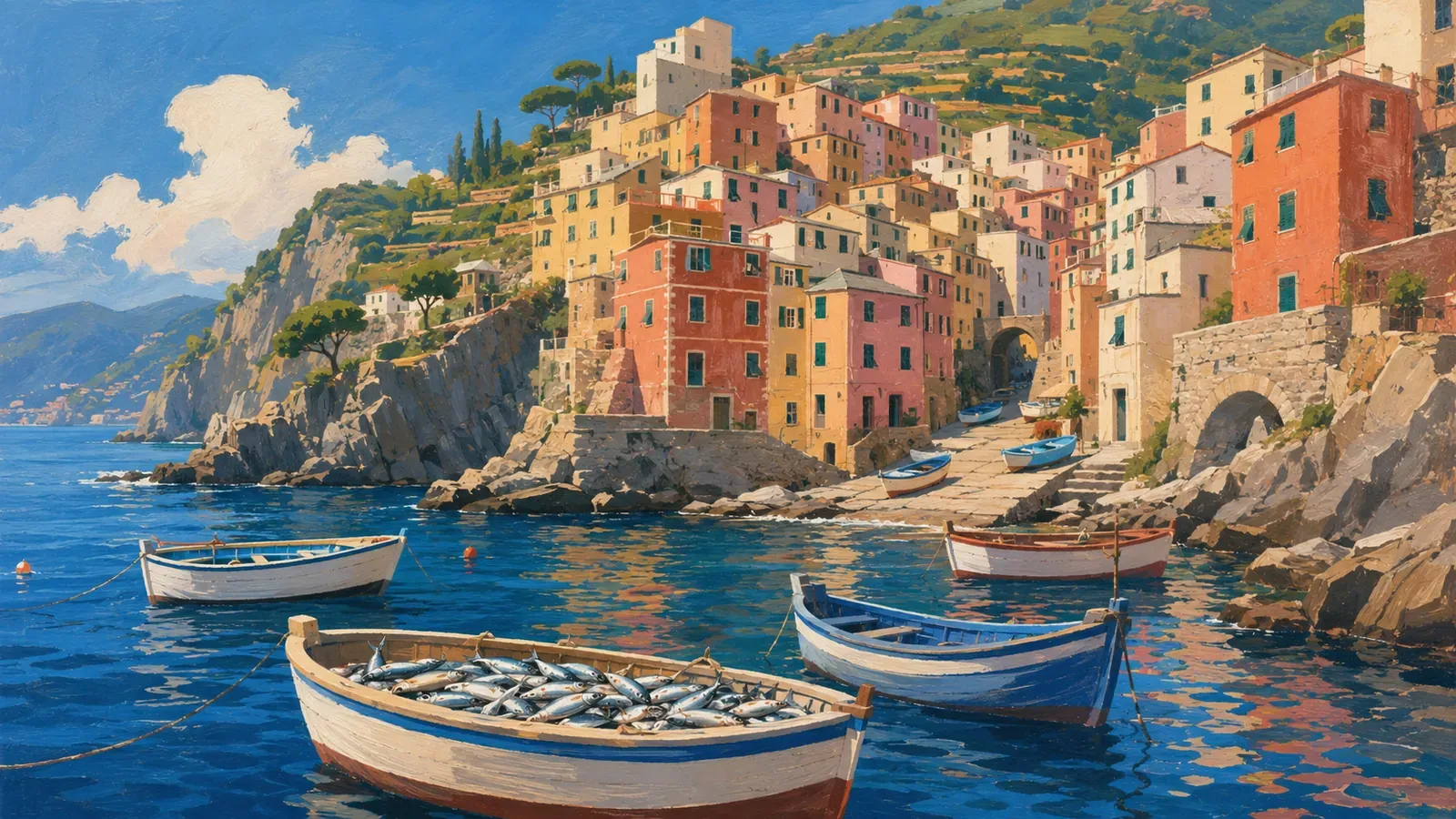 Illustrated coastal scene evoking Italy — the home of Rio Mare