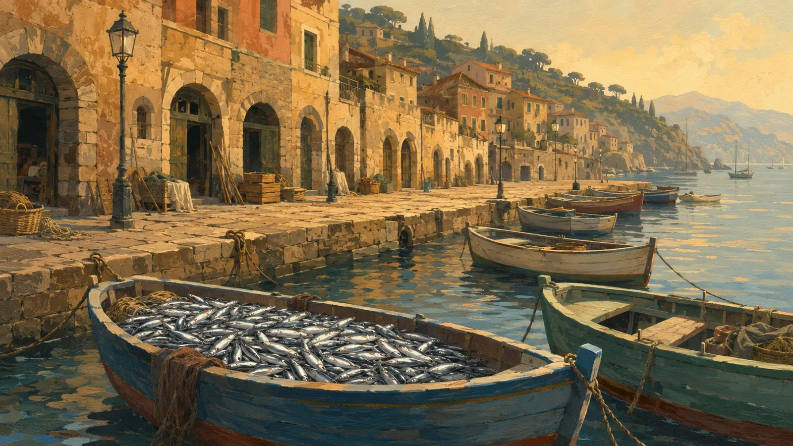 Illustrated coastal scene evoking Italy — the home of Rizzoli Emanuelli