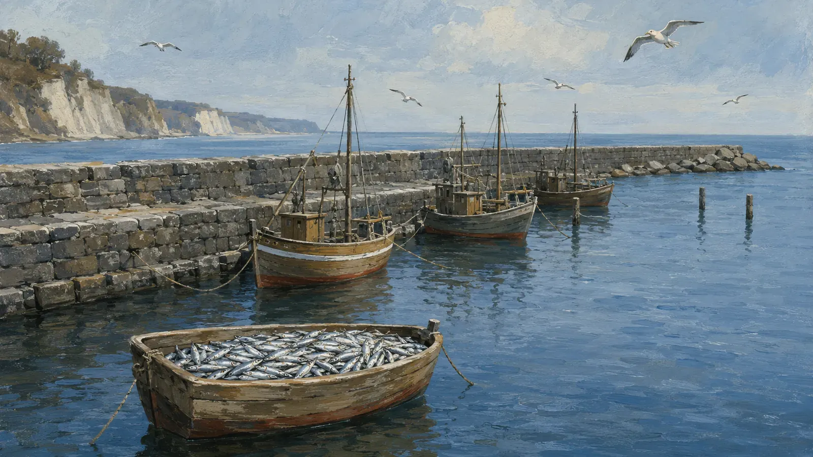 Illustrated coastal scene evoking Germany — the home of RügenFisch